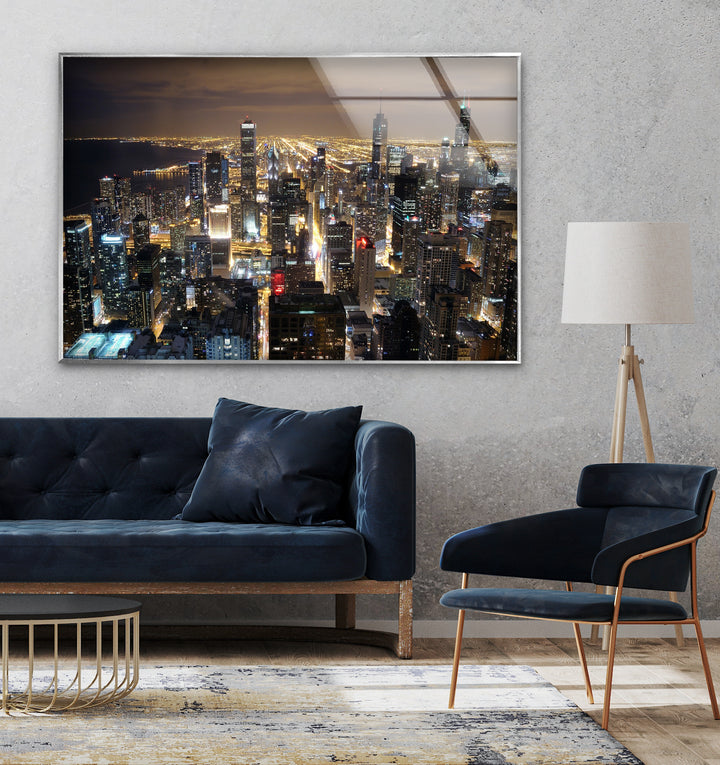 Chicago Cityscape Glass Wall Art – Night Skyline Modern Decor