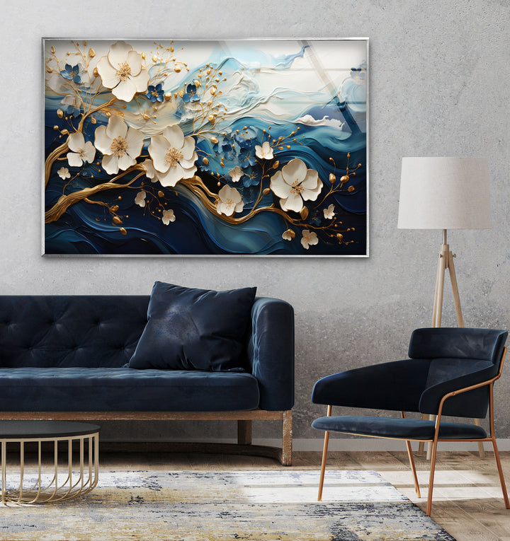 Blue Abstract Gold Floral Glass Wall Art, glass pictures for Wall, glass prints wall art