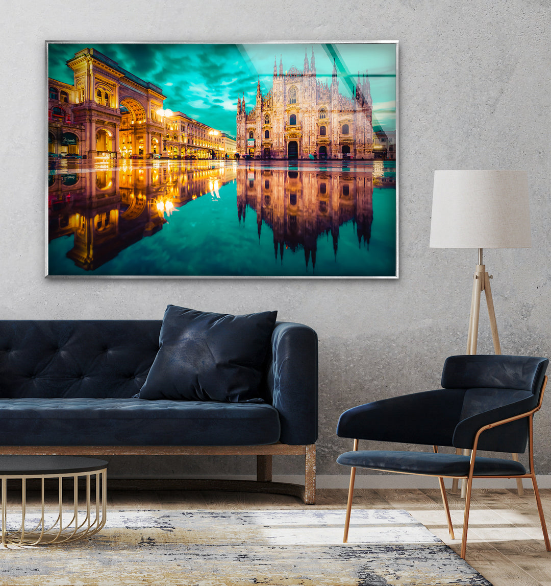 Milan Cityscape Glass Wall Art – Reflected View of Iconic Duomo Cathedral & Galleria Vittorio Emanuele