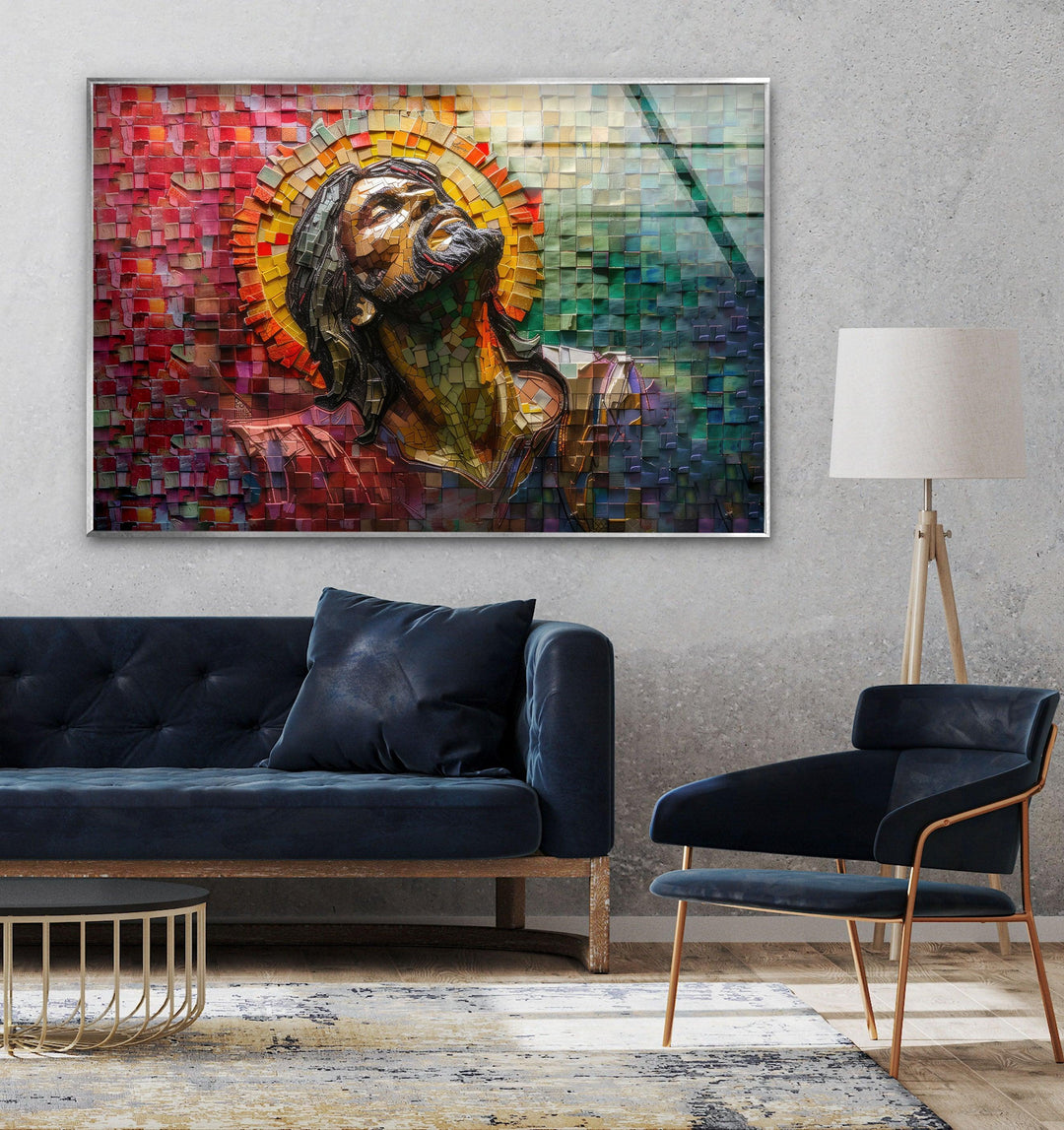 Stained Portrait of Jesus Glass Wall Art  picture on glass wall art, photos printed on glass