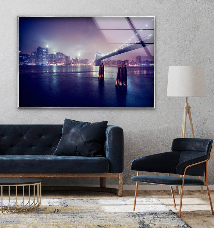 Brooklyn Bridge Glass Wall Art – Stunning New York City Skyline at Night with Brooklyn Bridge