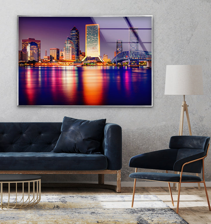 Jacksonville Skyline Glass Wall Art – Stunning View of Florida’s Iconic Downtown at Night