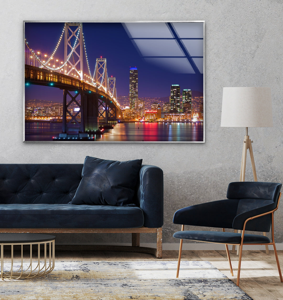 Bay Bridge Glass Wall Art – Iconic San Francisco Cityscape at Night