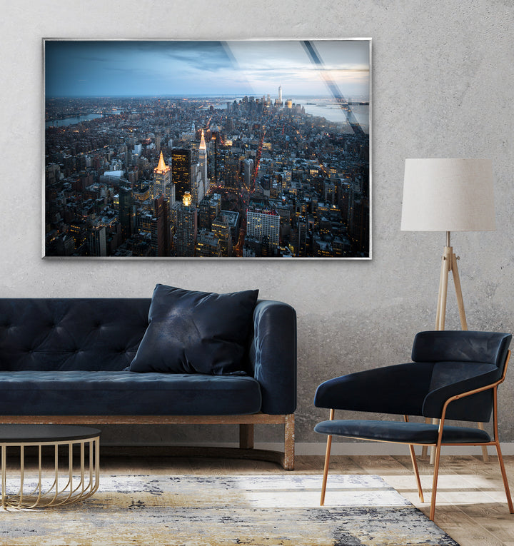 New York City Skyline Glass Wall Art – Stunning Aerial View of Manhattan at Twilight