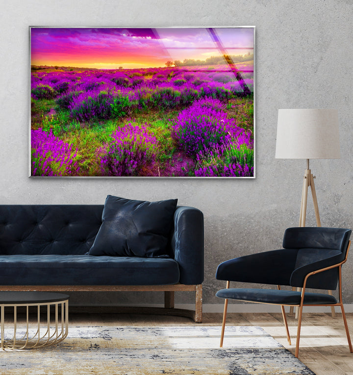 Lavender Field Glass Wall Art – Vibrant Sunset Floral Landscape