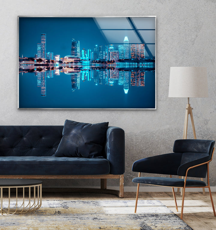 Singapore Skyline Glass Wall Art – Iconic Marina Bay Sands & City Reflections at Night