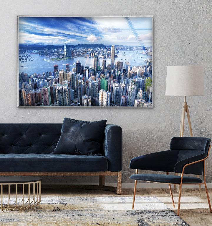 Hong Kong Skyline Glass Wall Art – Aerial Cityscape & Harbor View