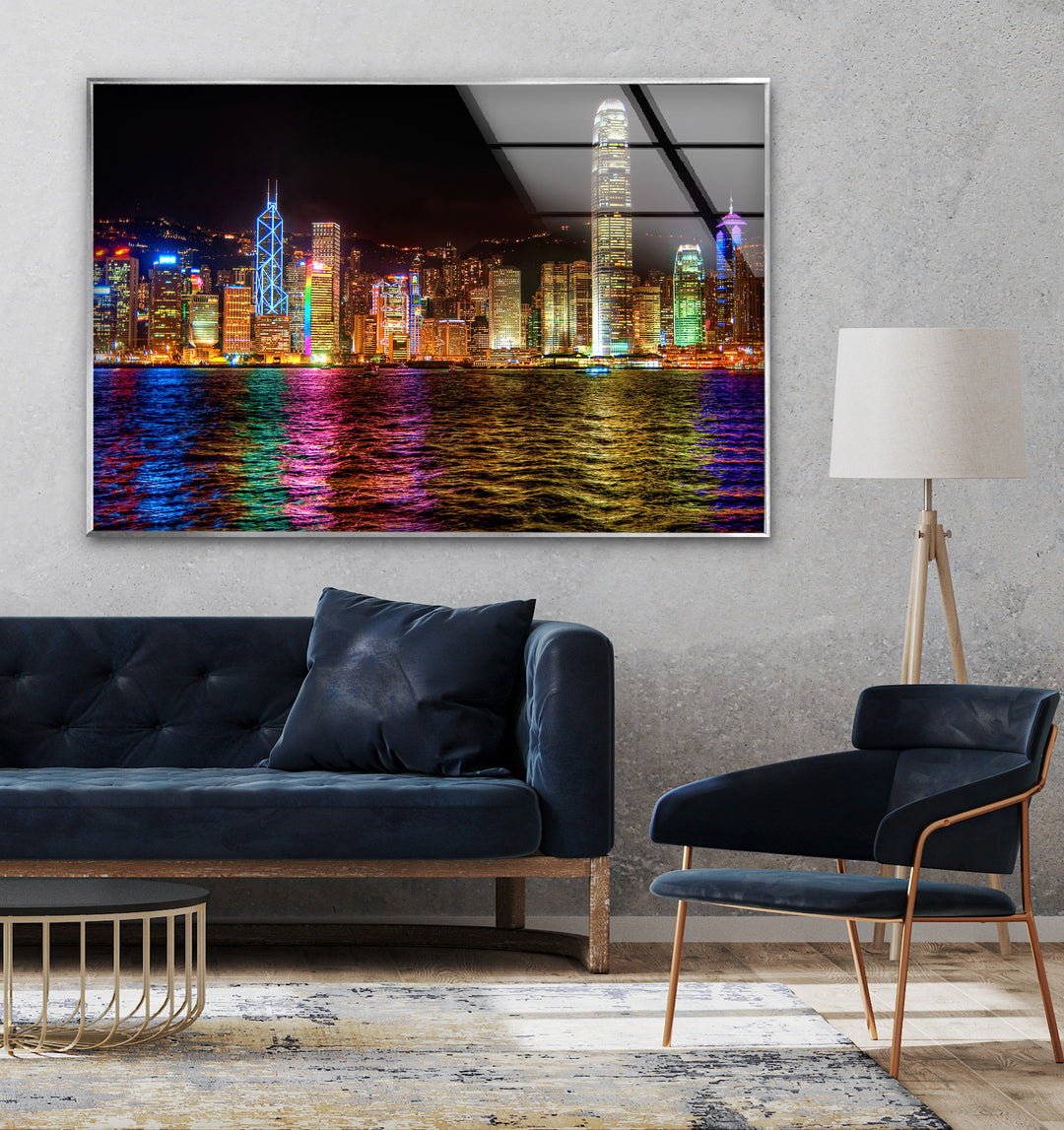 Hong Kong Skyline Glass Wall Art – Vibrant Night Cityscape Decor