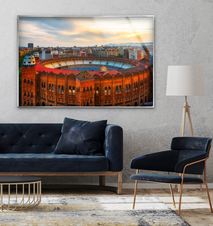 Arena de Barcelona Glass Wall Art – Iconic Spanish Landmark with Historic Architecture