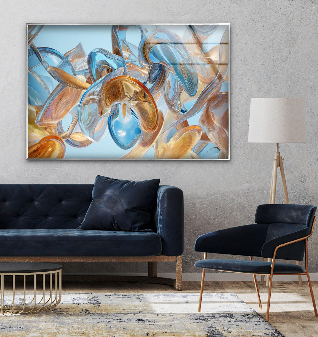 Brown Details Blue Abstract Glass Wall Art glass pictures for Wall, glass prints wall art