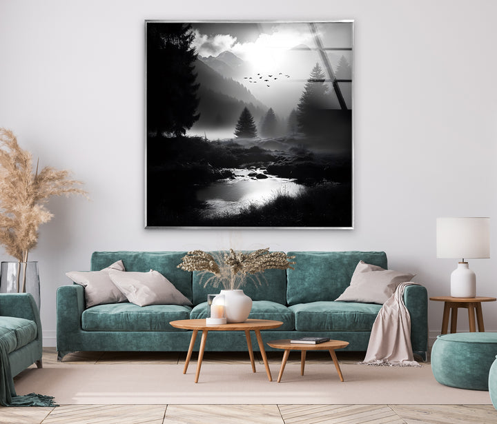 Serene and atmospheric mountain scenery printed on premium glass wall art for a sophisticated touch.
