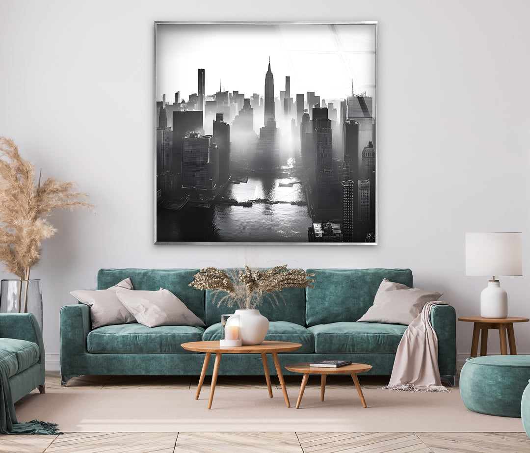 Timeless black-and-white New York skyline on glass, bringing elegance and luxury to your home décor.
