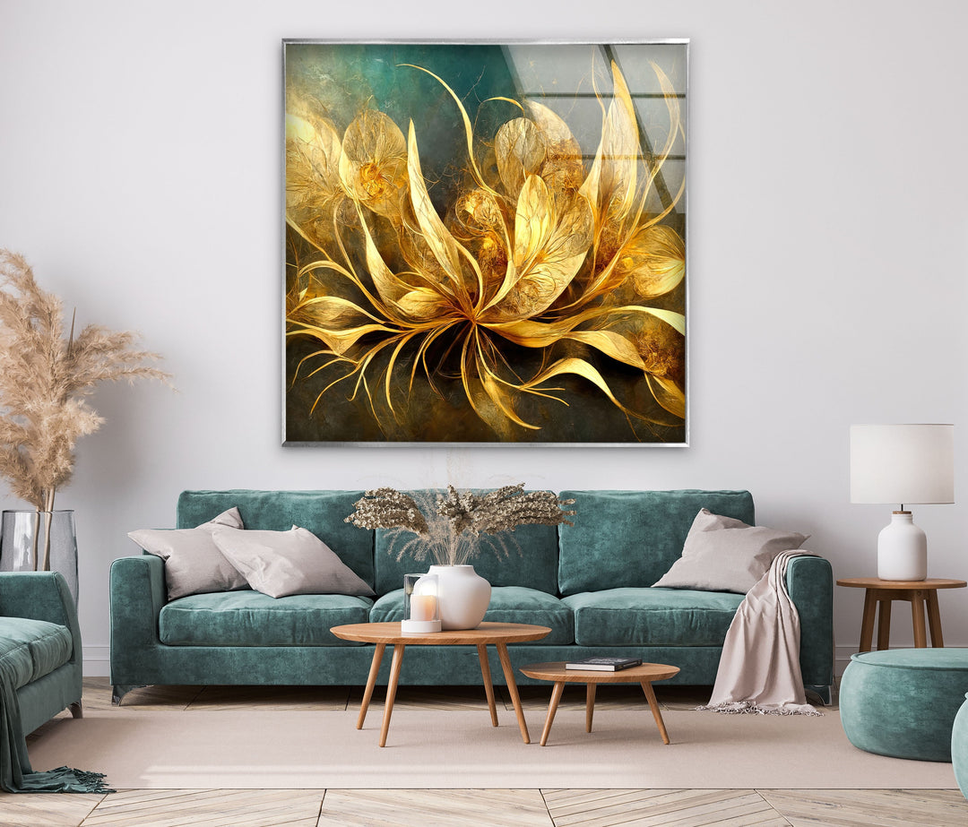 Golden Vivid Flower Glass Wall Art glass art painting, glass art for the Wall
