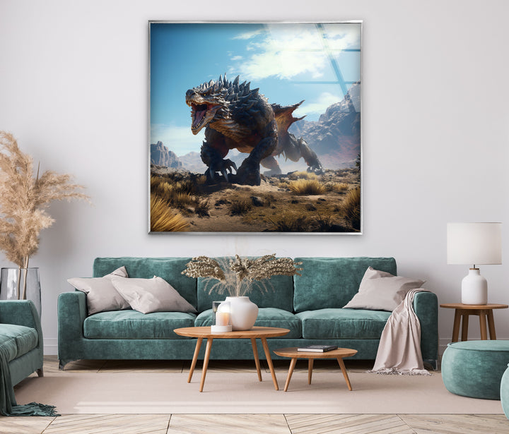 Intense and fierce mythical creature captured mid-roar in a powerful landscape.
