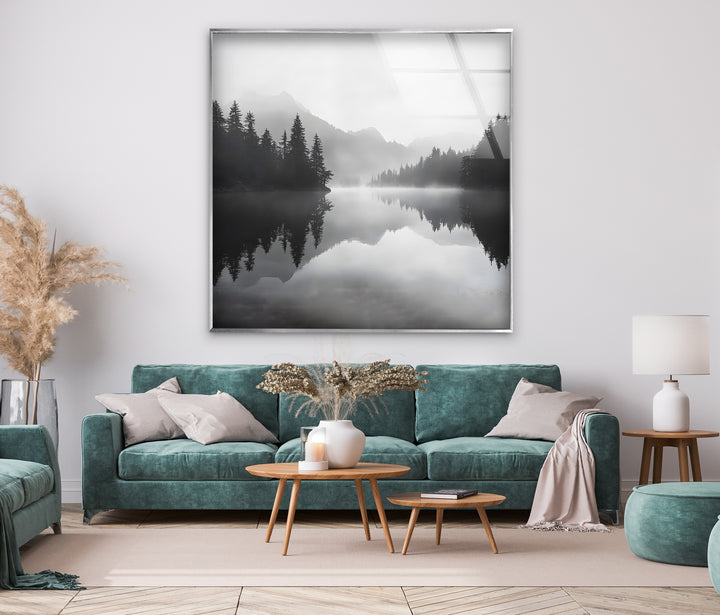 Misty Mountain Reflection: A calming mountain scene in black and white, ideal for nature-inspired interiors.
