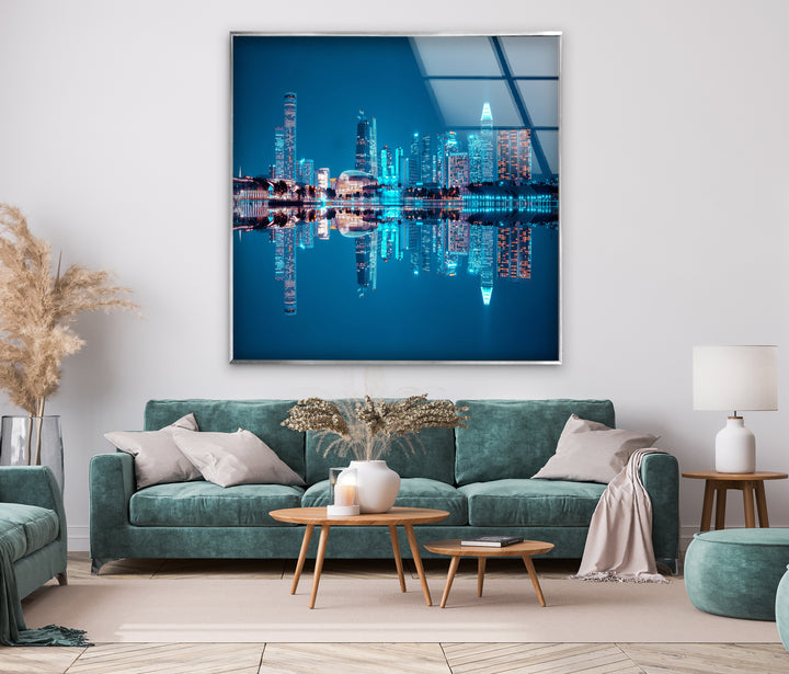 Singapore Skyline Glass Wall Art – Iconic Marina Bay Sands & City Reflections at Night