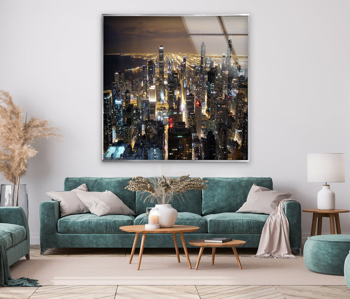 Chicago Cityscape Glass Wall Art – Night Skyline Modern Decor