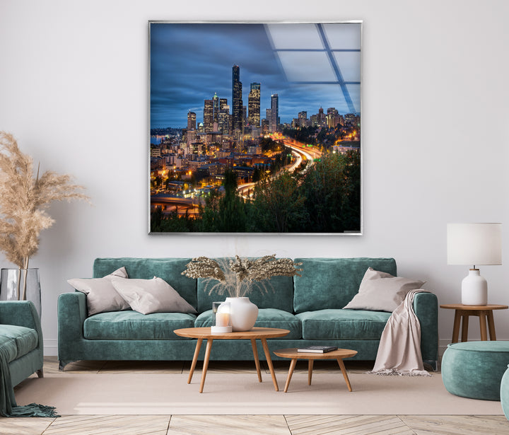 Seattle Skyline Glass Wall Art – Stunning View of Downtown Seattle at Night