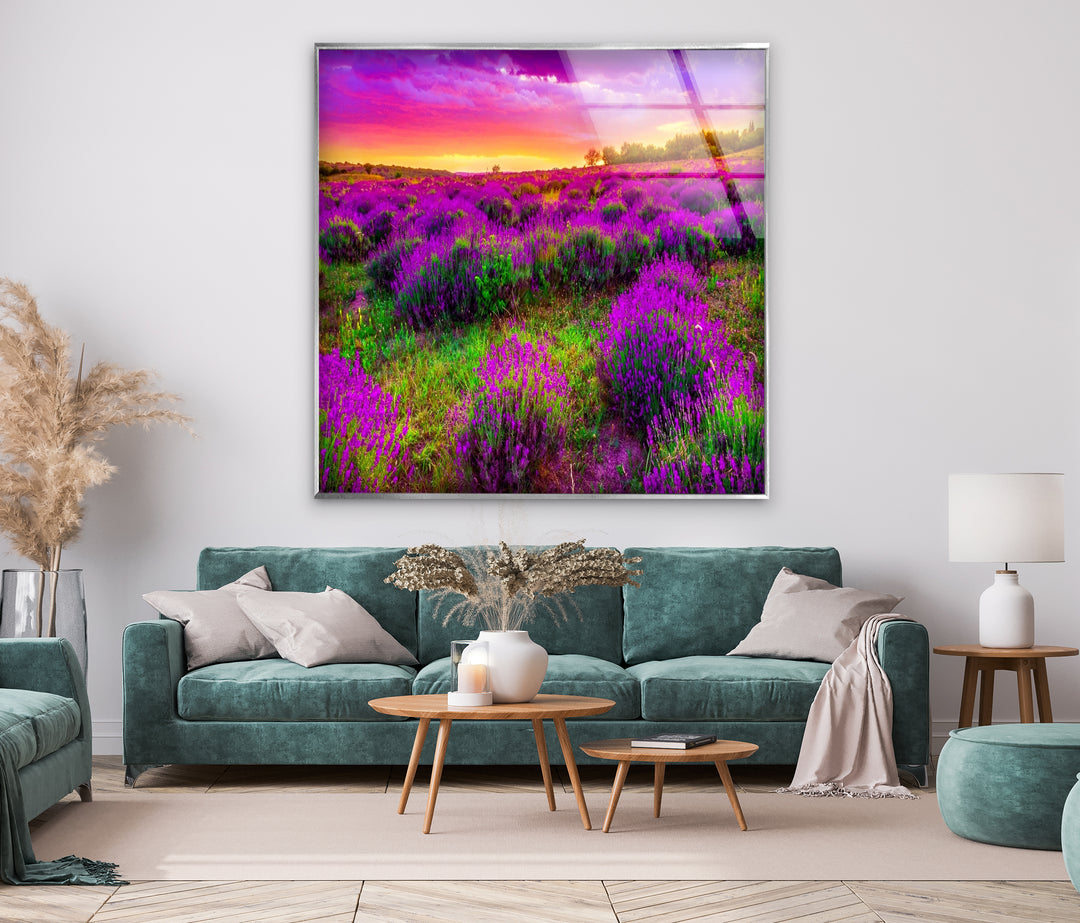 Lavender Field Glass Wall Art – Vibrant Sunset Floral Landscape