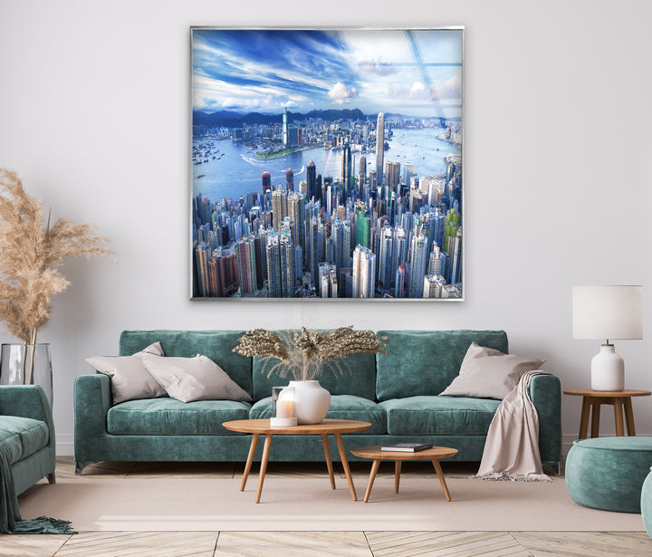 Hong Kong Skyline Glass Wall Art – Aerial Cityscape & Harbor View