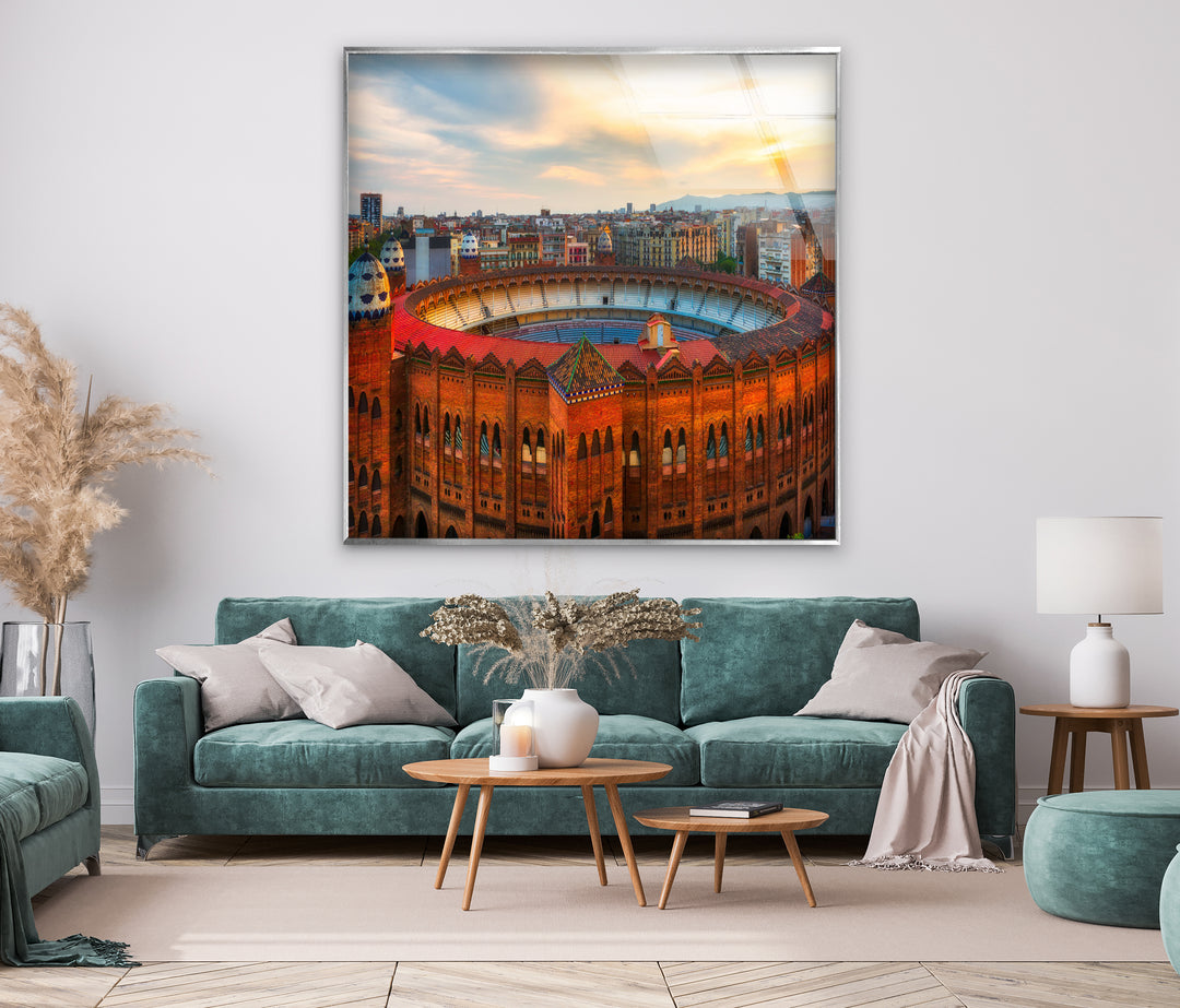 Arena de Barcelona Glass Wall Art – Iconic Spanish Landmark with Historic Architecture