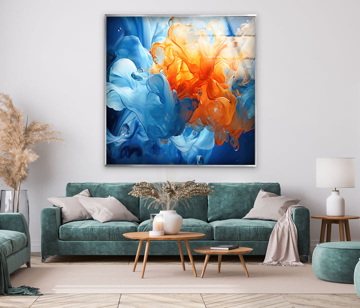 Blue & Orange Abstract Glass Wall Art glass art painting, glass art for the Wall