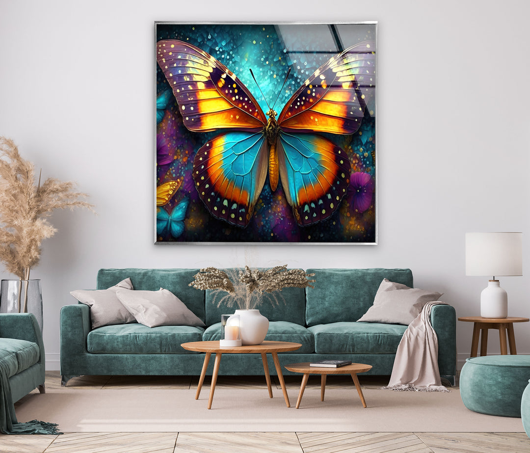 Glowing Rainbow Butterfly Glass Wall Art custom glass photo prints, large glass prints