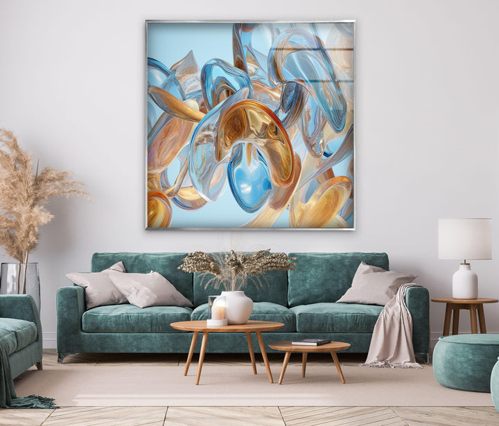 Brown Details Blue Abstract Glass Wall Art glass art painting, glass art for the Wall