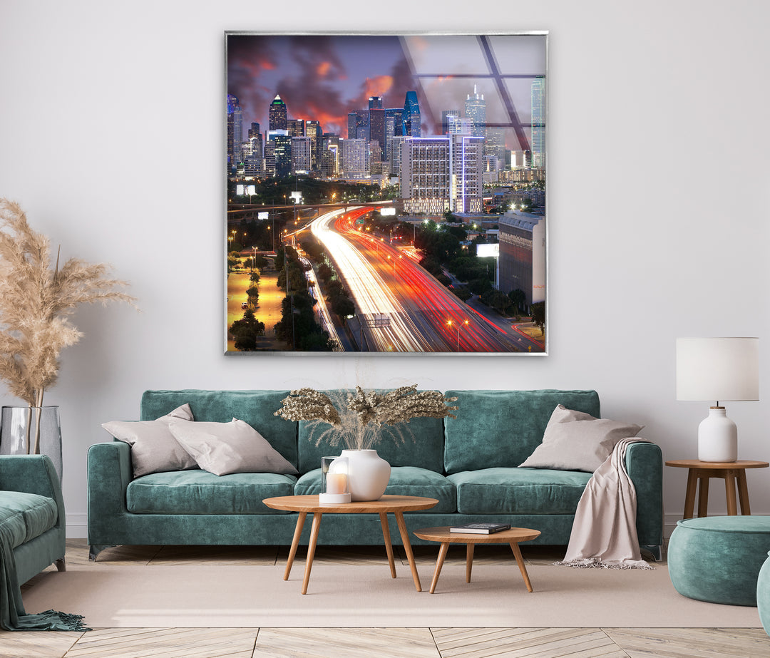 Dallas Skyline Glass Wall Art – Stunning View of Downtown at Dusk