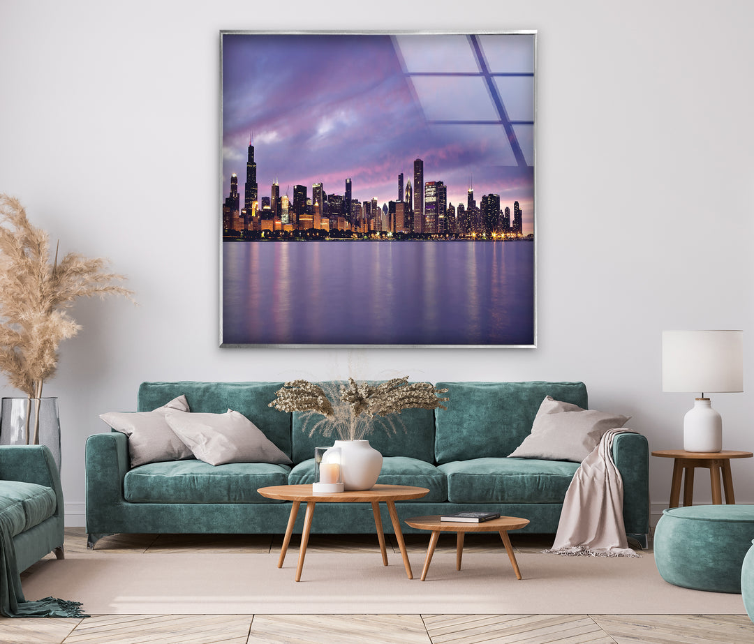 Chicago Skyline Glass Wall Art – Stunning View of Downtown Chicago at Sunset