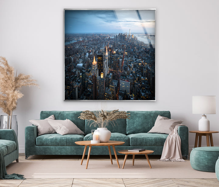 New York City Skyline Glass Wall Art – Stunning Aerial View of Manhattan at Twilight