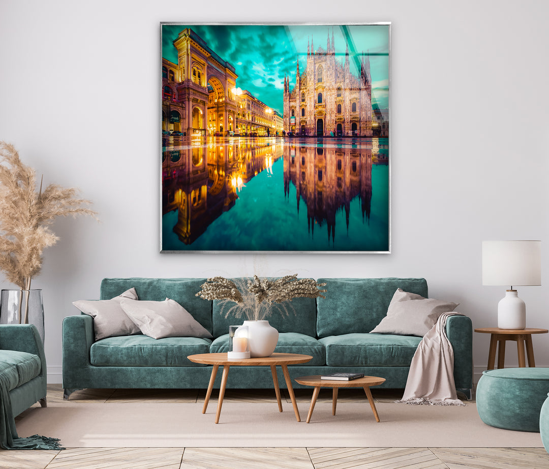 Milan Cityscape Glass Wall Art – Reflected View of Iconic Duomo Cathedral & Galleria Vittorio Emanuele