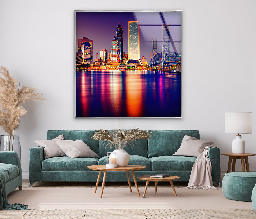 Jacksonville Skyline Glass Wall Art – Stunning View of Florida’s Iconic Downtown at Night