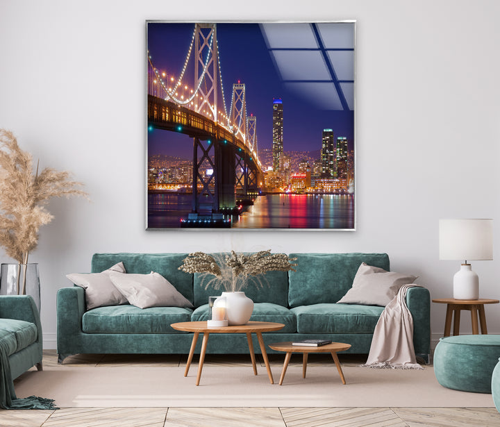 Bay Bridge Glass Wall Art – Iconic San Francisco Cityscape at Night