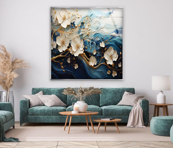 Blue Abstract Gold Floral Glass Wall Art, large glass photo prints, glass wall photos