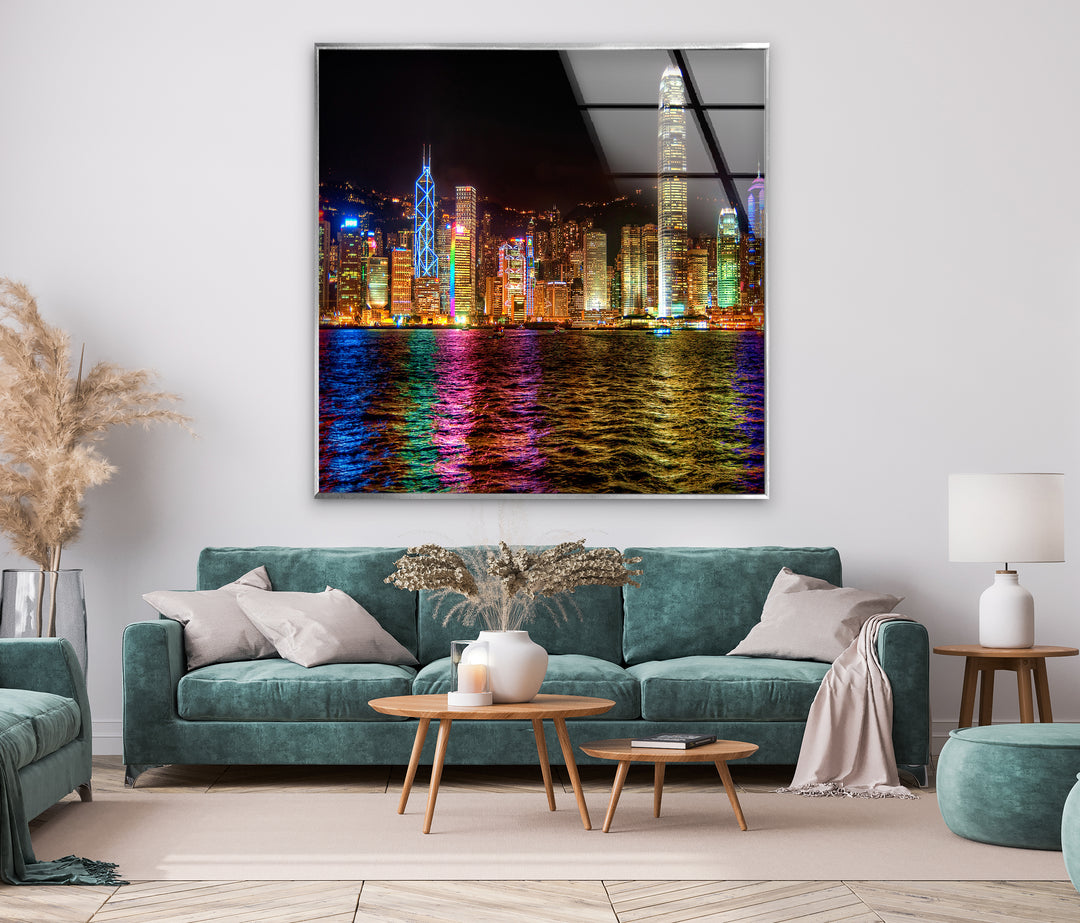 Hong Kong Skyline Glass Wall Art – Vibrant Night Cityscape Decor