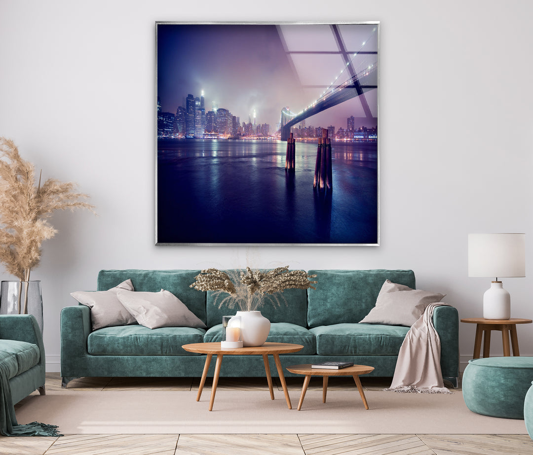 Brooklyn Bridge Glass Wall Art – Stunning New York City Skyline at Night with Brooklyn Bridge