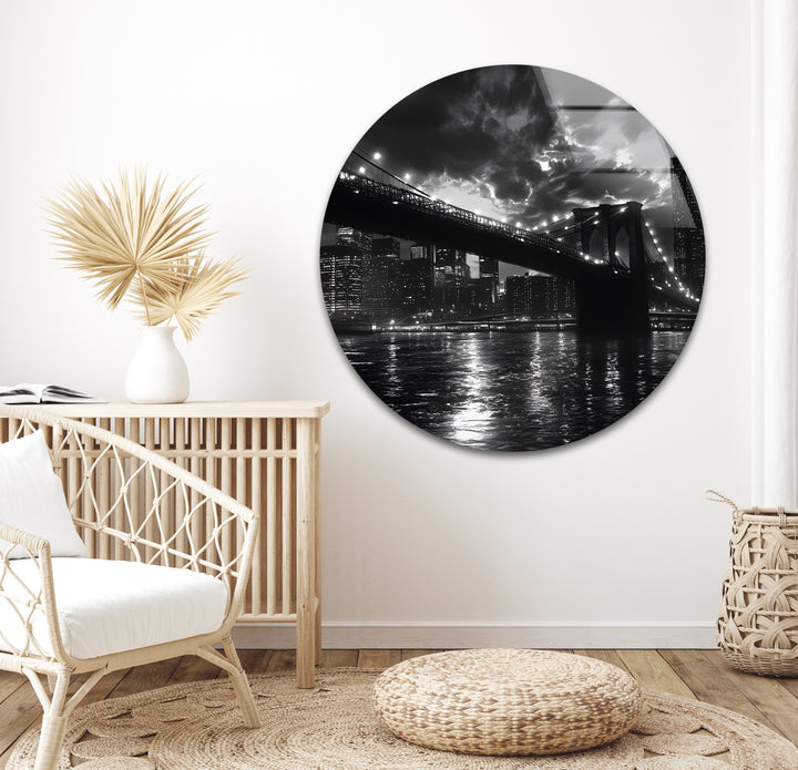 A sophisticated black and white photography print of the Brooklyn Bridge, transformed into glass wall art.
