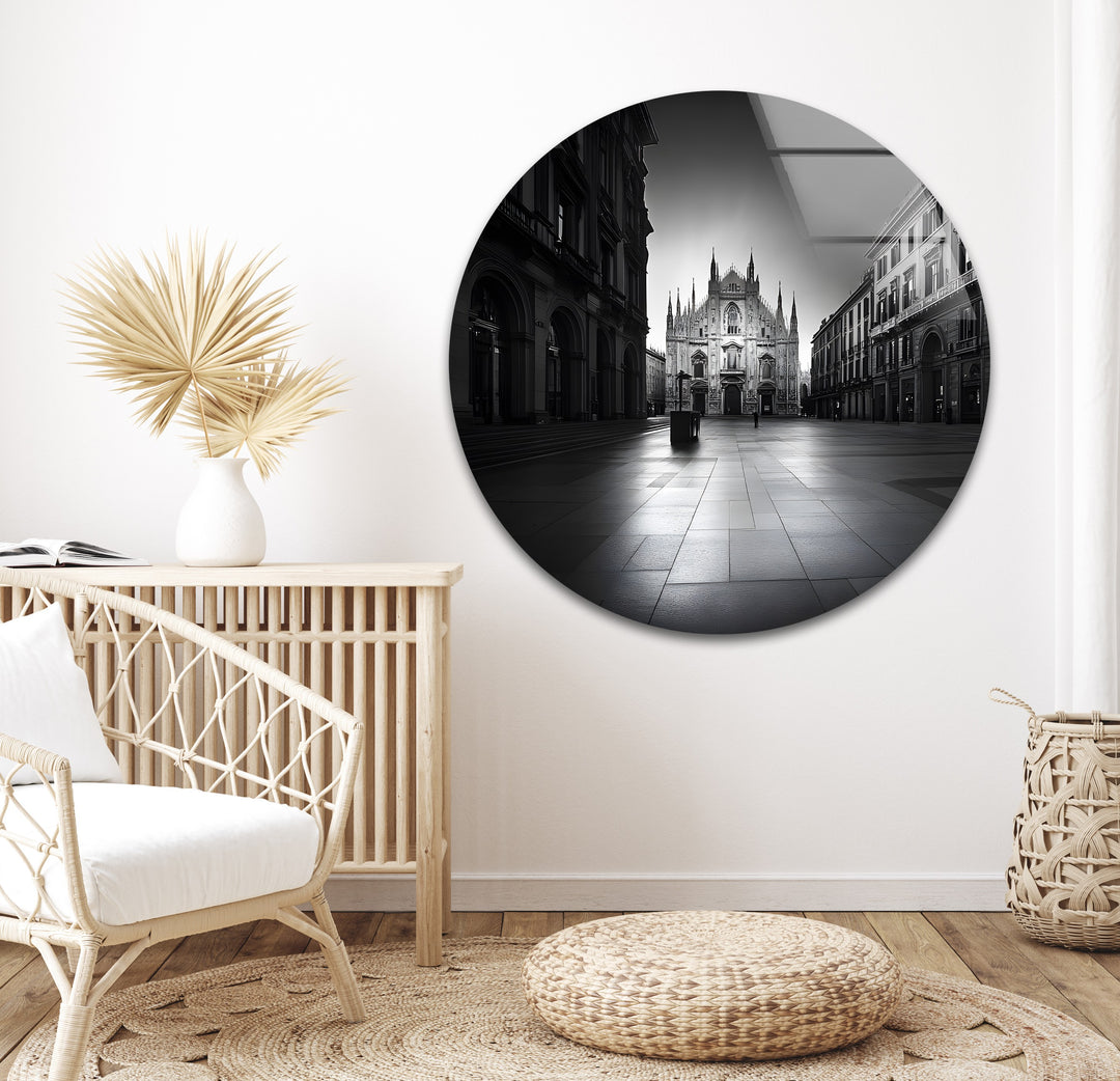 A captivating black and white depiction of Milan’s iconic cathedral, printed on glass wall art.
