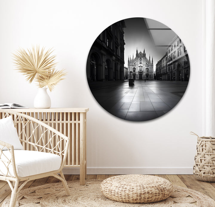 A captivating black and white depiction of Milan’s iconic cathedral, printed on glass wall art.
