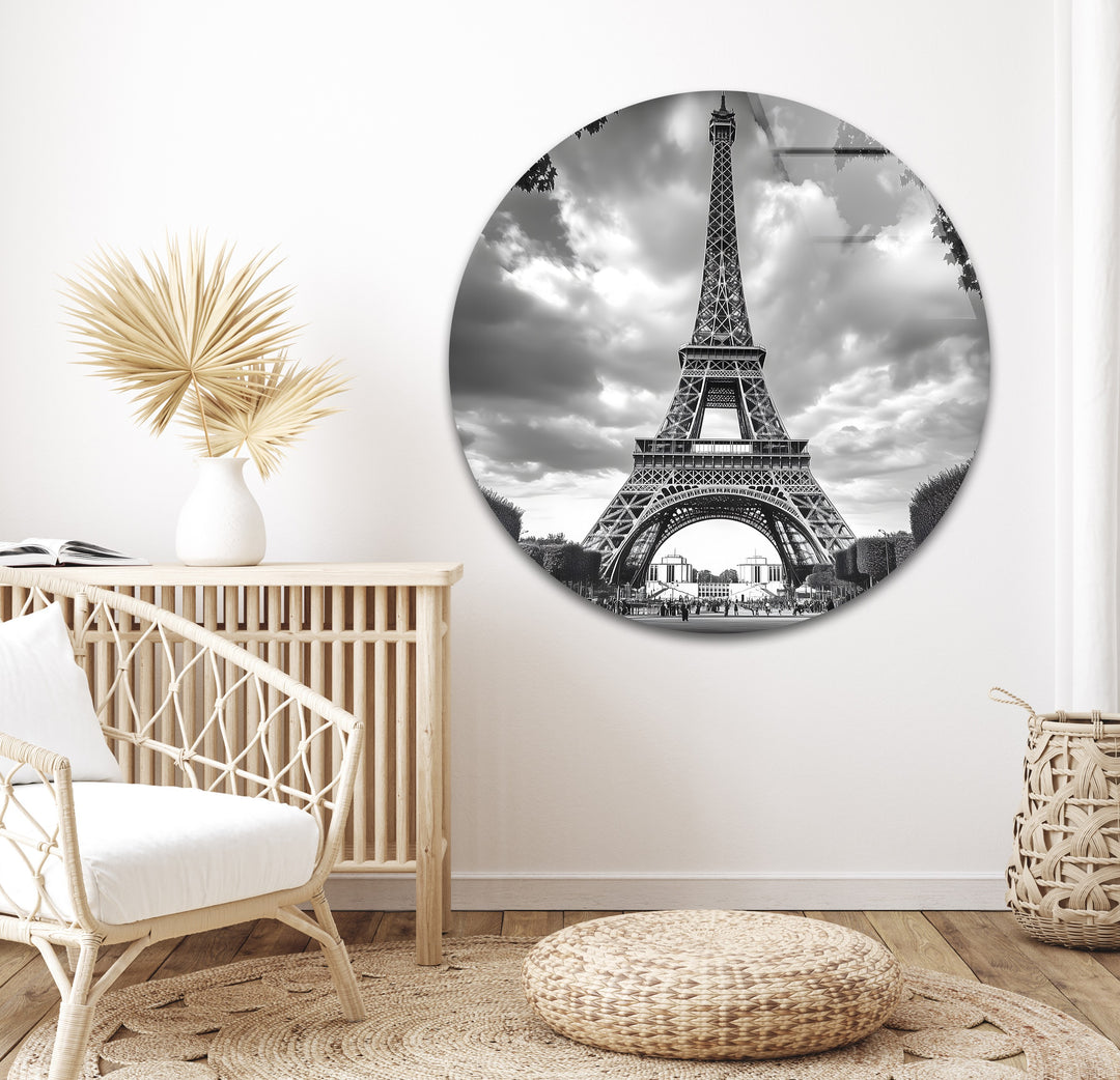 A sophisticated tribute to Paris, featuring the Eiffel Tower in striking monochrome glass wall art.