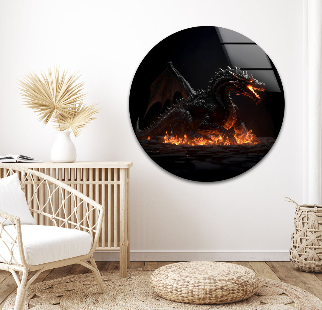 Roaring dragon in a fiery world, its power and energy filling the space with intensity.
