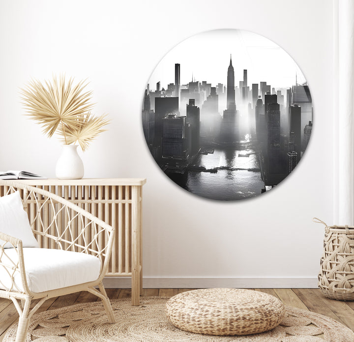 Stunning black-and-white cityscape of New York, offering a bold and artistic statement on durable glass.
