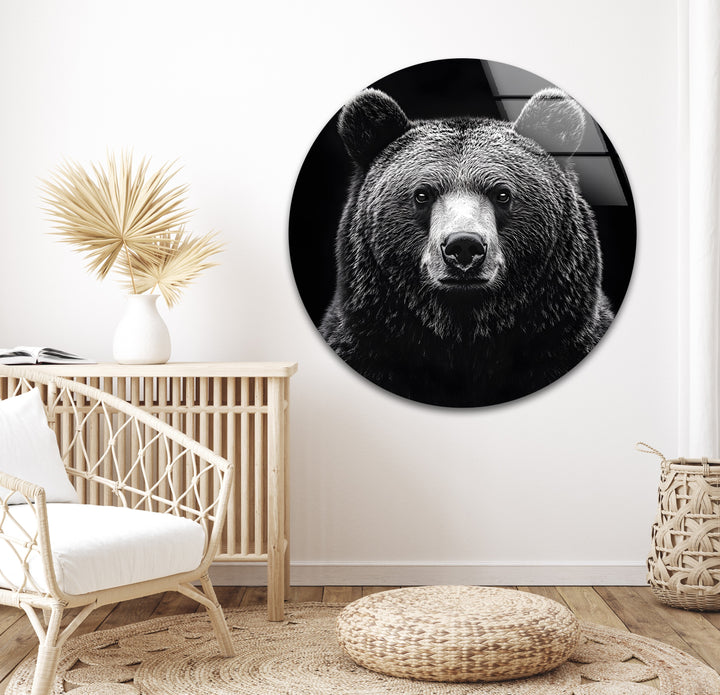 Intricate black-and-white bear art on glass, creating a striking visual impact in any room.
