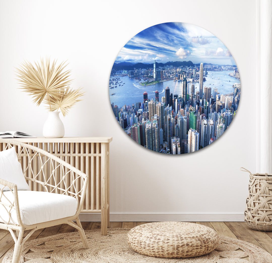 Hong Kong Skyline Glass Wall Art – Aerial Cityscape & Harbor View