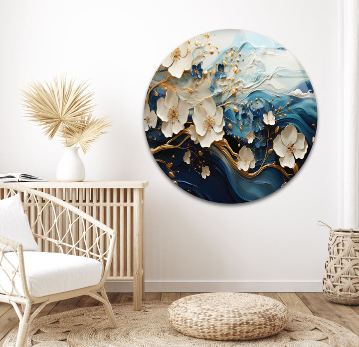 Blue Abstract Gold Floral Glass Wall Art, large glass prints