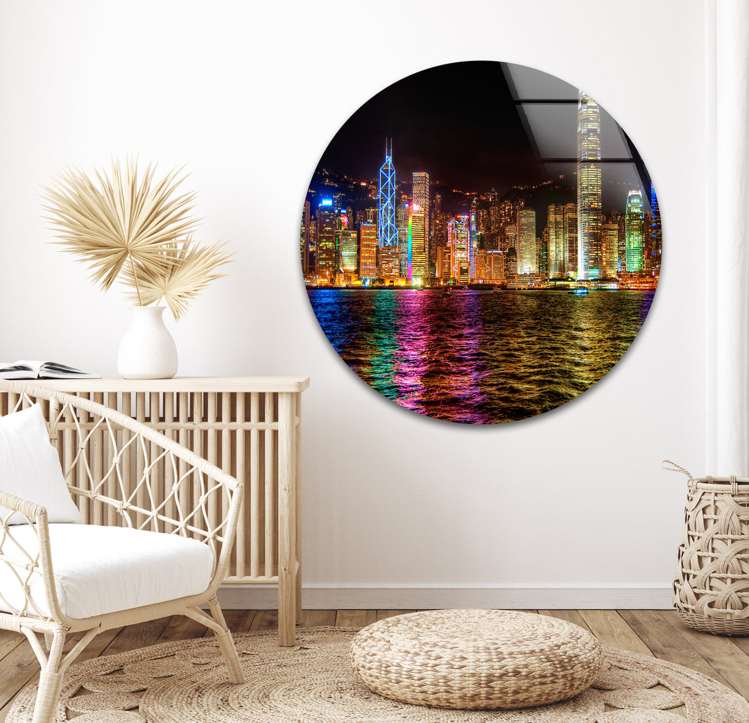 Hong Kong Skyline Glass Wall Art – Vibrant Night Cityscape Decor