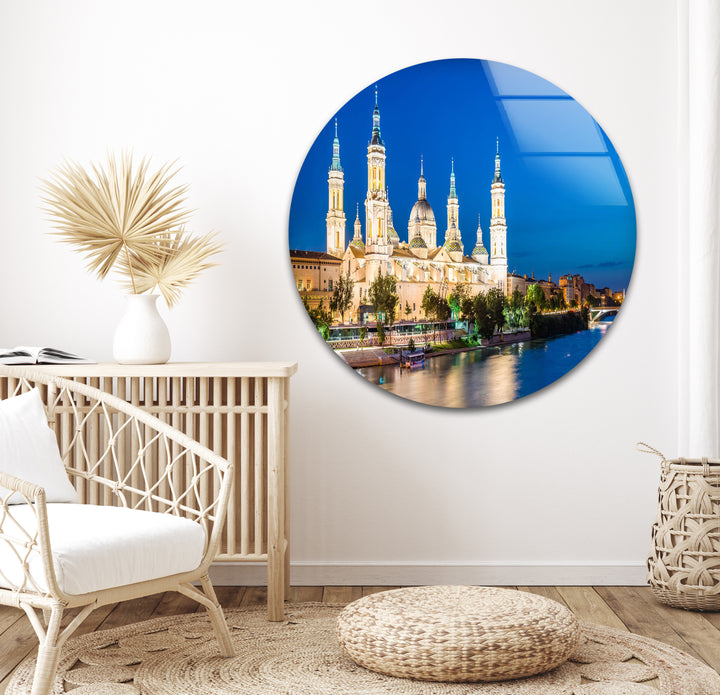 Basilica del Pilar Glass Wall Art – Stunning Night View of Zaragoza’s Iconic Landmark