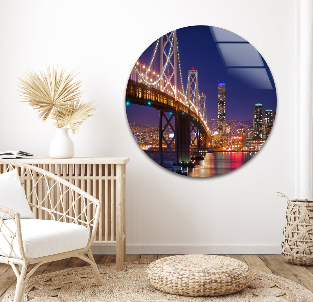 Bay Bridge Glass Wall Art – Iconic San Francisco Cityscape at Night