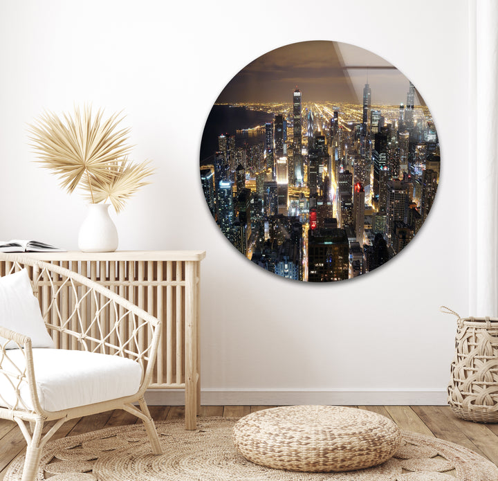 Chicago Cityscape Glass Wall Art – Night Skyline Modern Decor